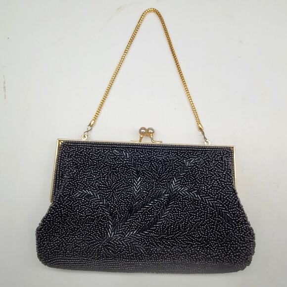 Vintage Black Beaded Kiss Closure Chain Top Handle Evening Cocktail Handbag Bag - Picture 13 of 13